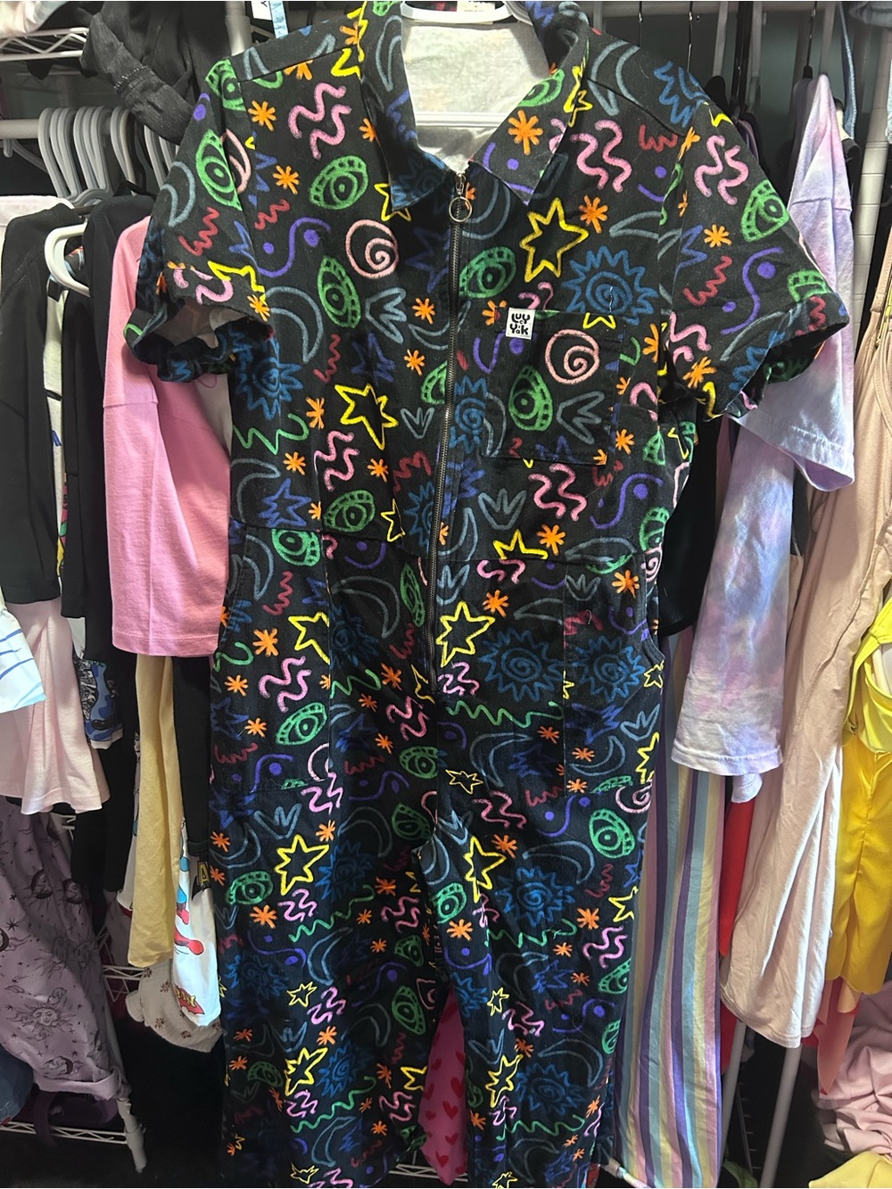 Lucy & Yak Black Ragan Jumpsuit with Neon Star & Scribble Print